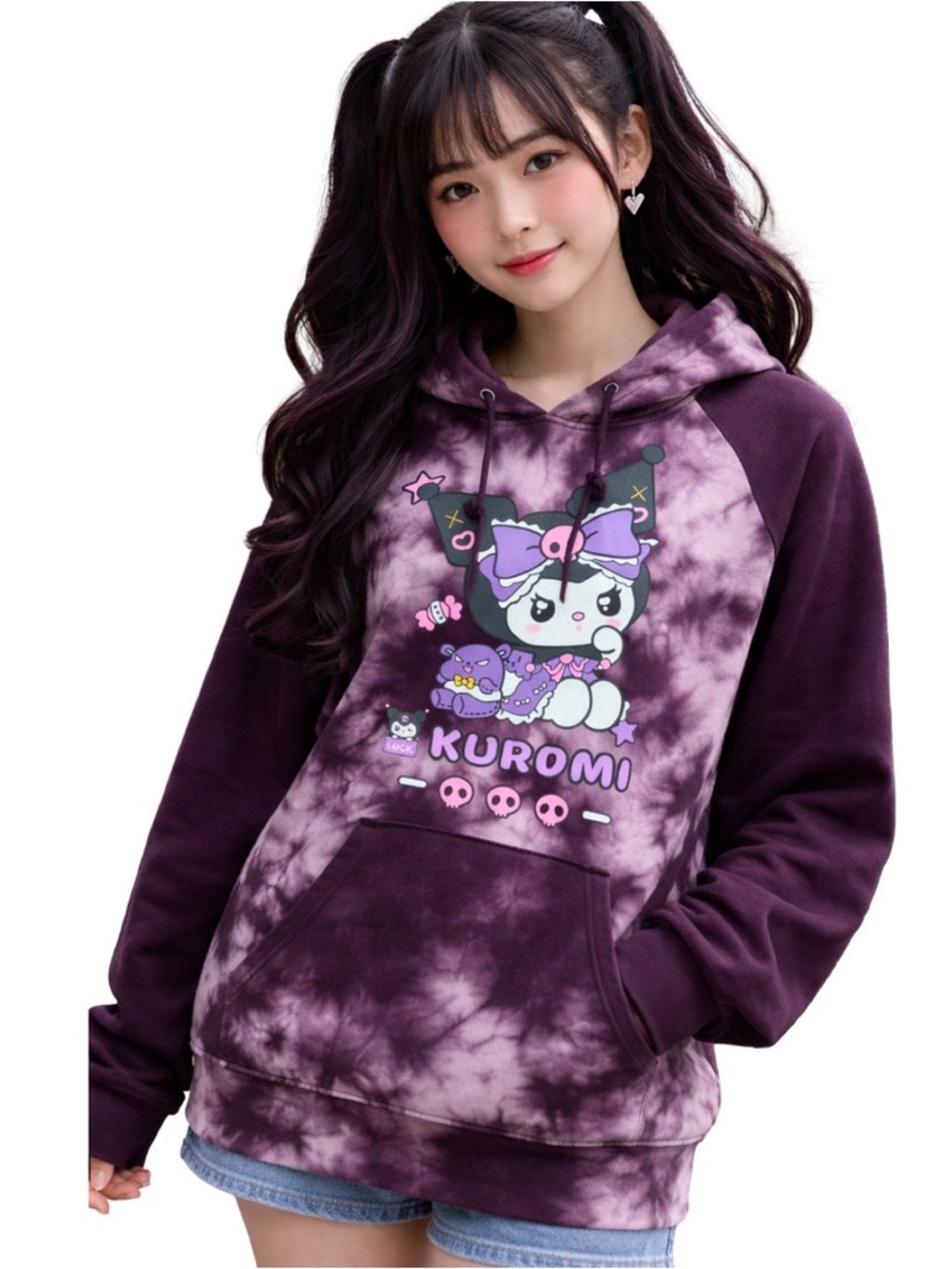 Zine Kuromi Tie-Dye Pullover Hoodie in Plum & Lavender Large
